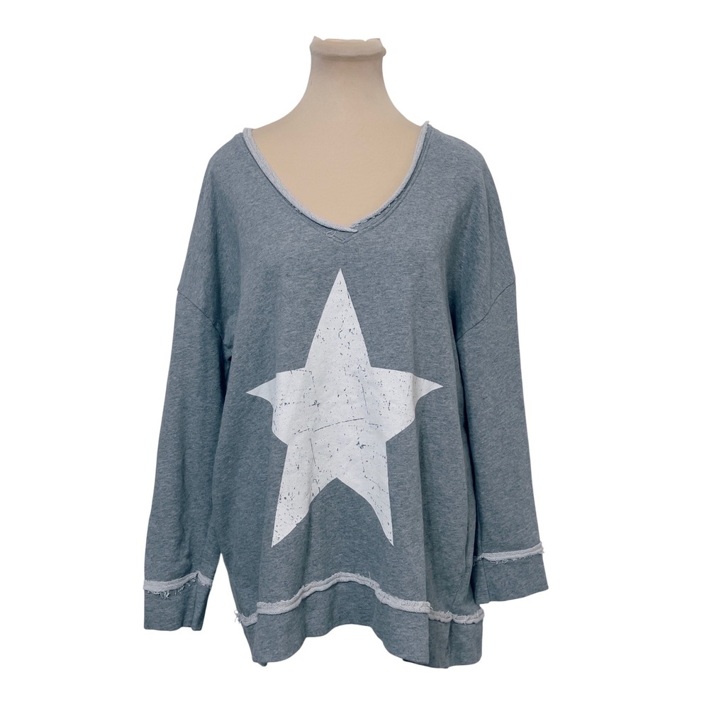 Enso by Indigo Women Sweatshirt M/L Gray Distressed Star V-Neck Raw‎ Hem Cotton